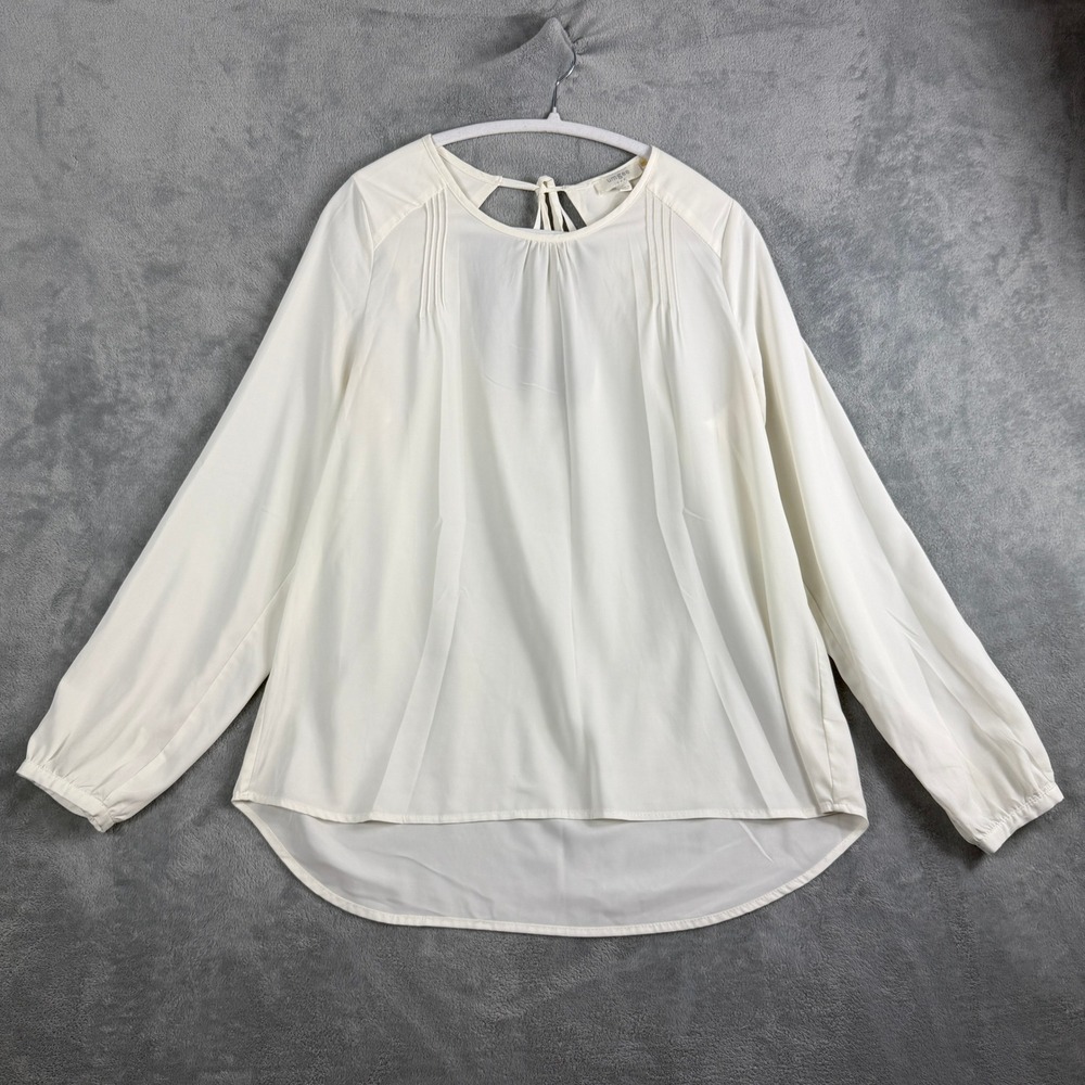 Umgee Womens L White Blouse Long Sleeve Open Tie Back Pintuck Boho Office Siren